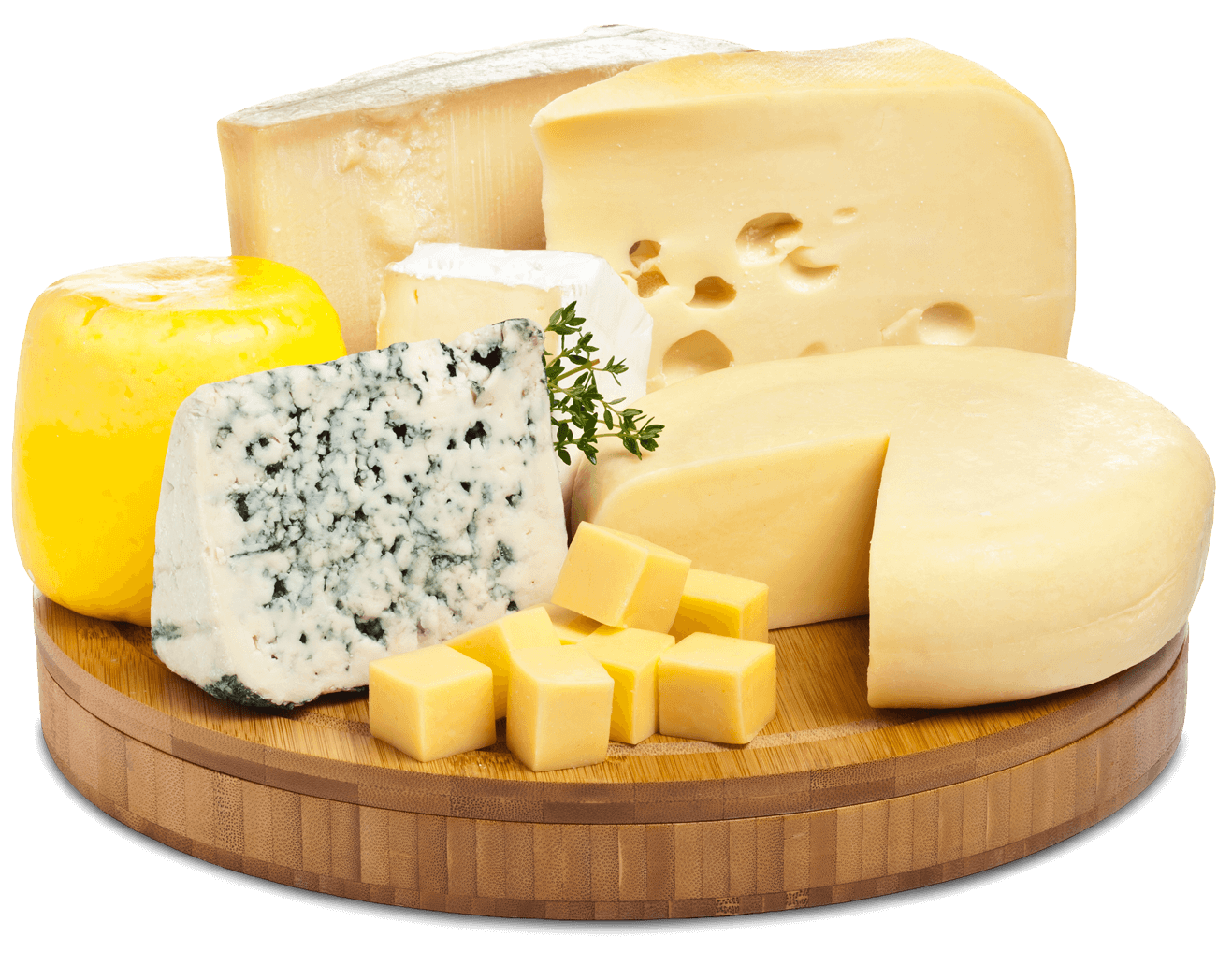 GettyImages-1133743495 (2) 1 (1) A variety of cheeses, including sliced and wedge forms, are arranged on a wooden platter.