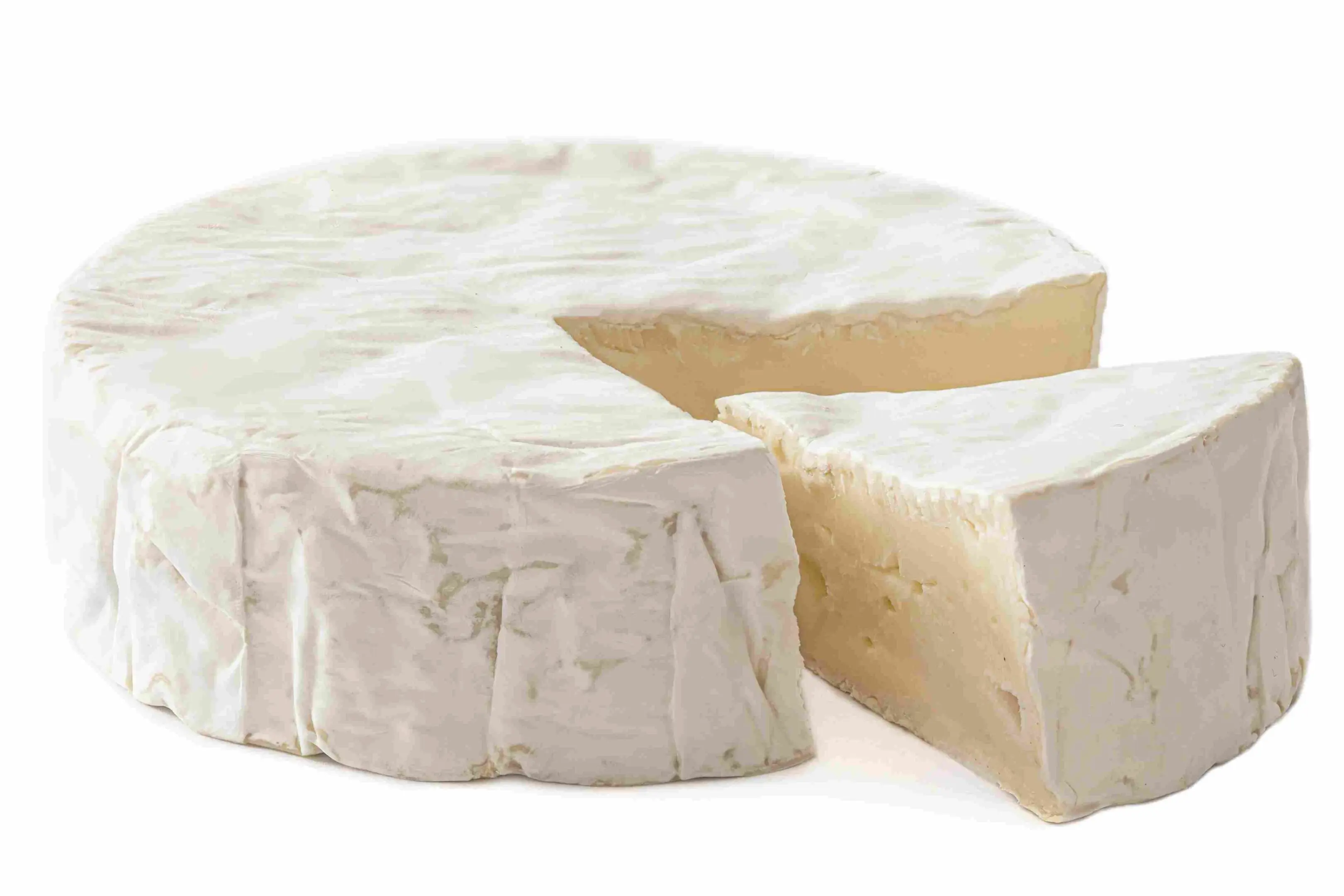 A round wheel of brie cheese with a soft, white rind. A single wedge slice is cut out, showing its creamy interior.
