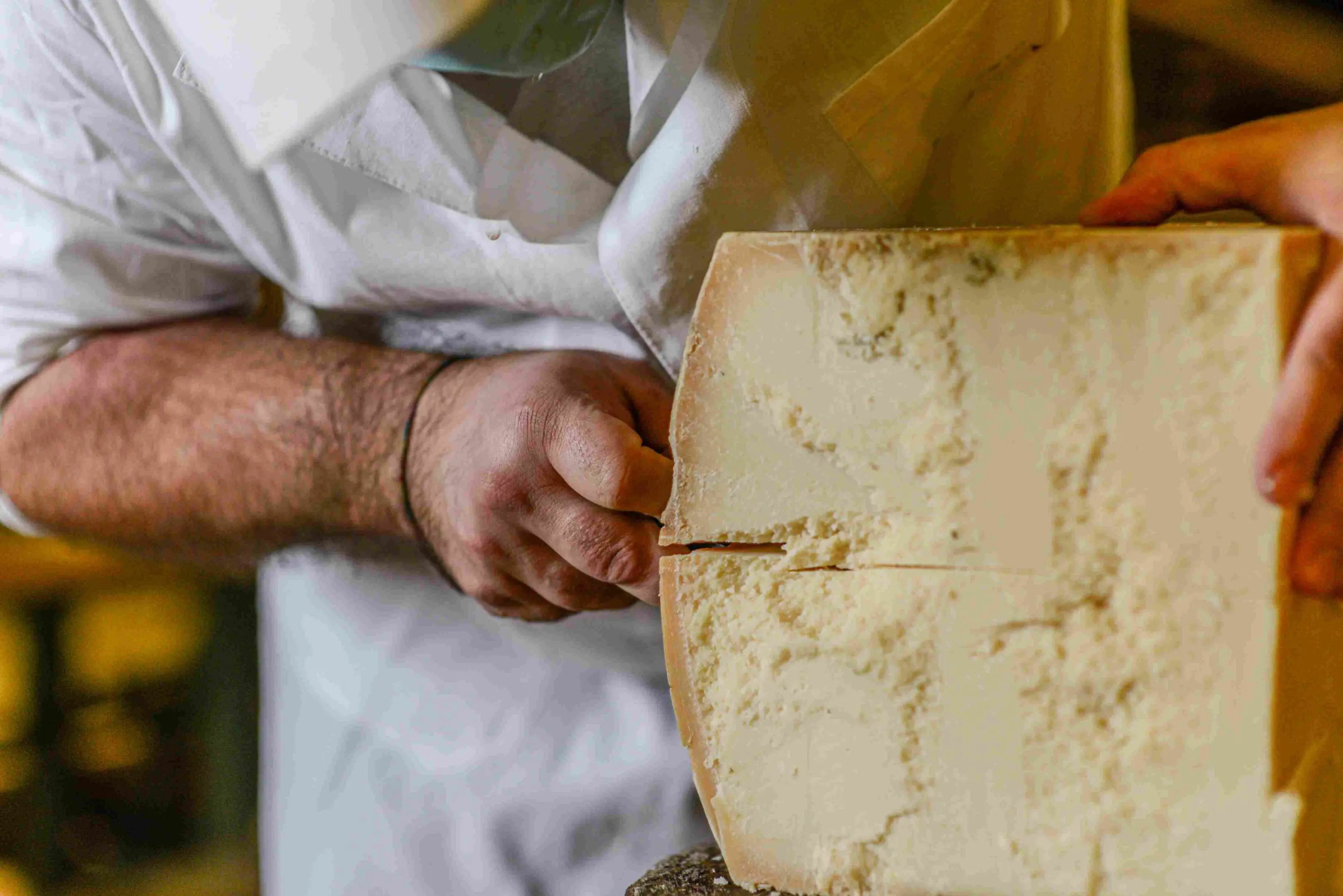 Person in white apron cutting a large wheel of cheese with a knife.