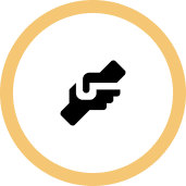 Group 1321317159 Icon of a handshake, depicted as two abstract hands connecting, enclosed in a black circle with a yellow outer border.