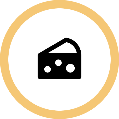 Group 1321317160 Black icon of a cheese wedge with holes, centered on a white background and encircled by a yellow border.