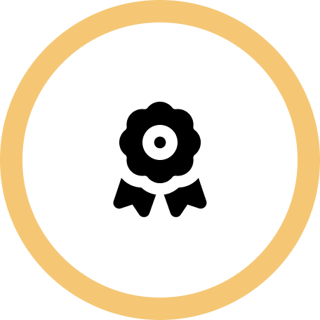 Group 1321317161 Black award ribbon icon on a white background with a yellow circular border.