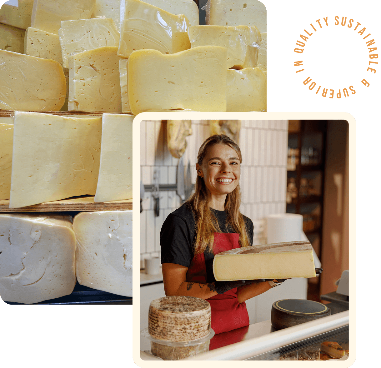 Group 1321317167 A person holding a large block of cheese inside a shop. Surrounding are other wheels of cheese. The words "QUALITY SUSTAINABLE & SUPERIOR" appear in a circular pattern above.